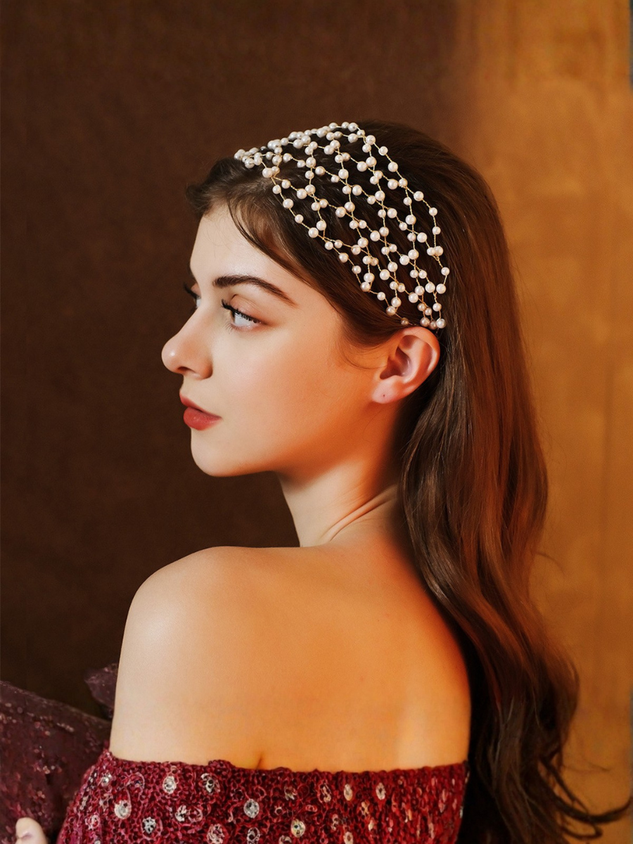 Handmade Beaded Pearl Mesh Wedding Dress Headbands For Brides