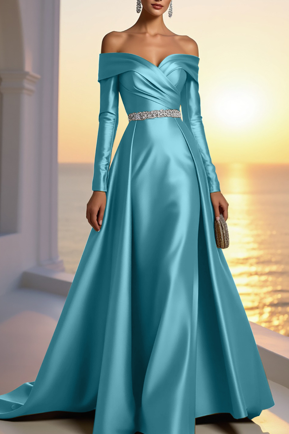 Formal Champagne Satin Dress Off The Shoulder Long Sleeve Maxi Gown
