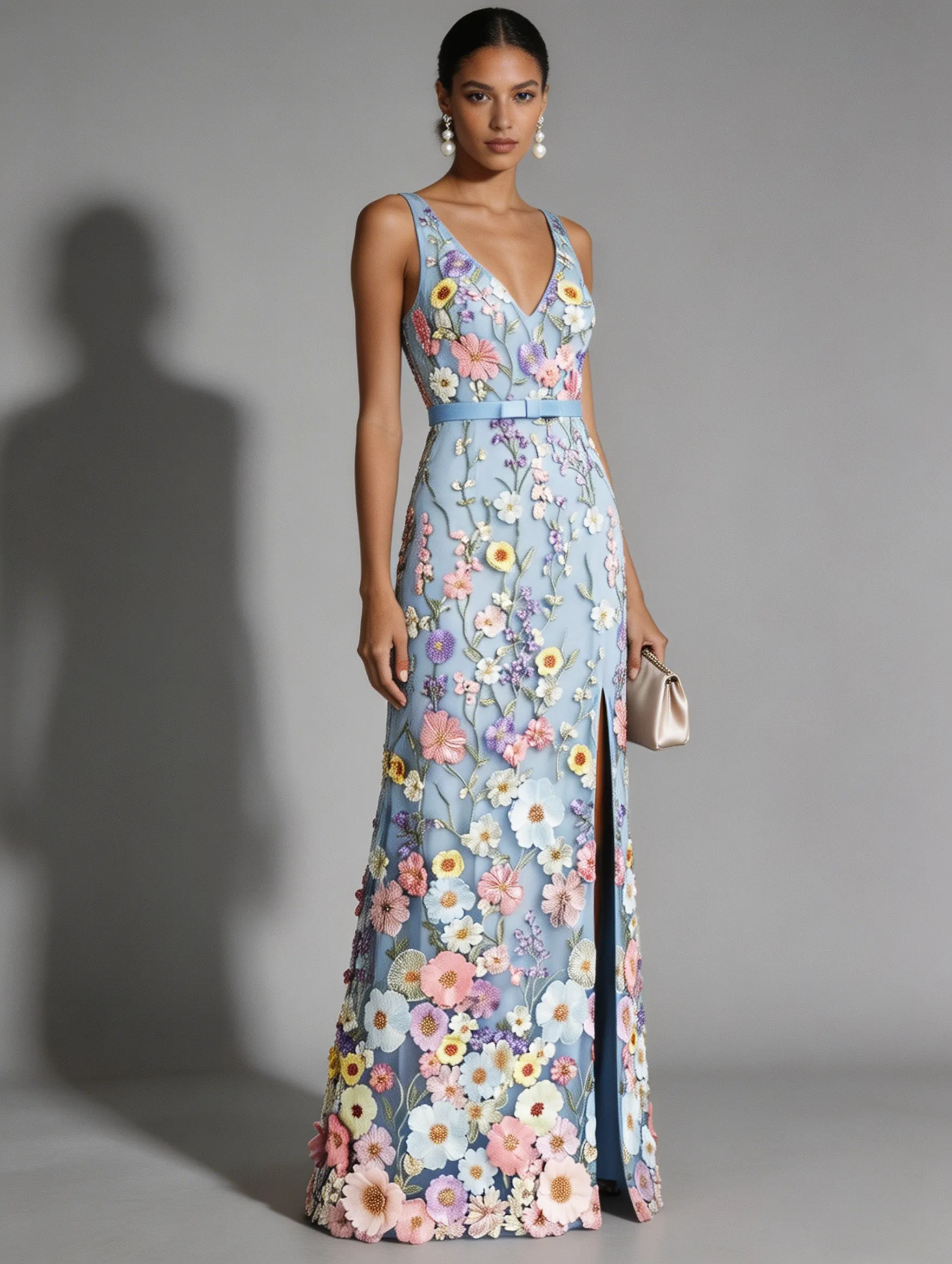 Light Blue Floral Appliqué Embroidered Classic V Neck Sleeveless A-Line Floor-length Gown Dress