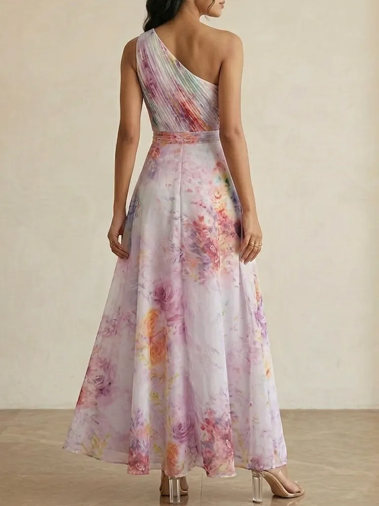 Light Purple 3D Floral Floral Chiffon One Shoulder Sleeveless A-Line Floor-length Gown Dress