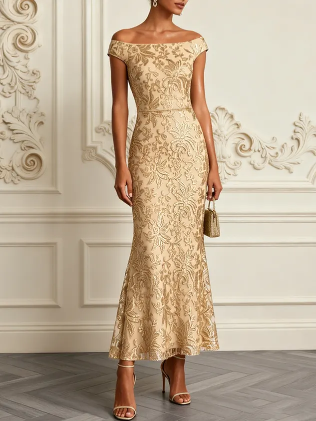 Champagne Jacquard Bone Lace Off The Shoulder Short Sleeve Mermaid Maxi Dress