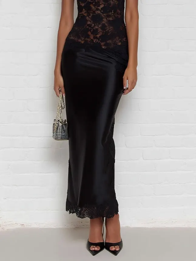 Black Lace One Shoulder Sleeveless Sheath Maxi Dress