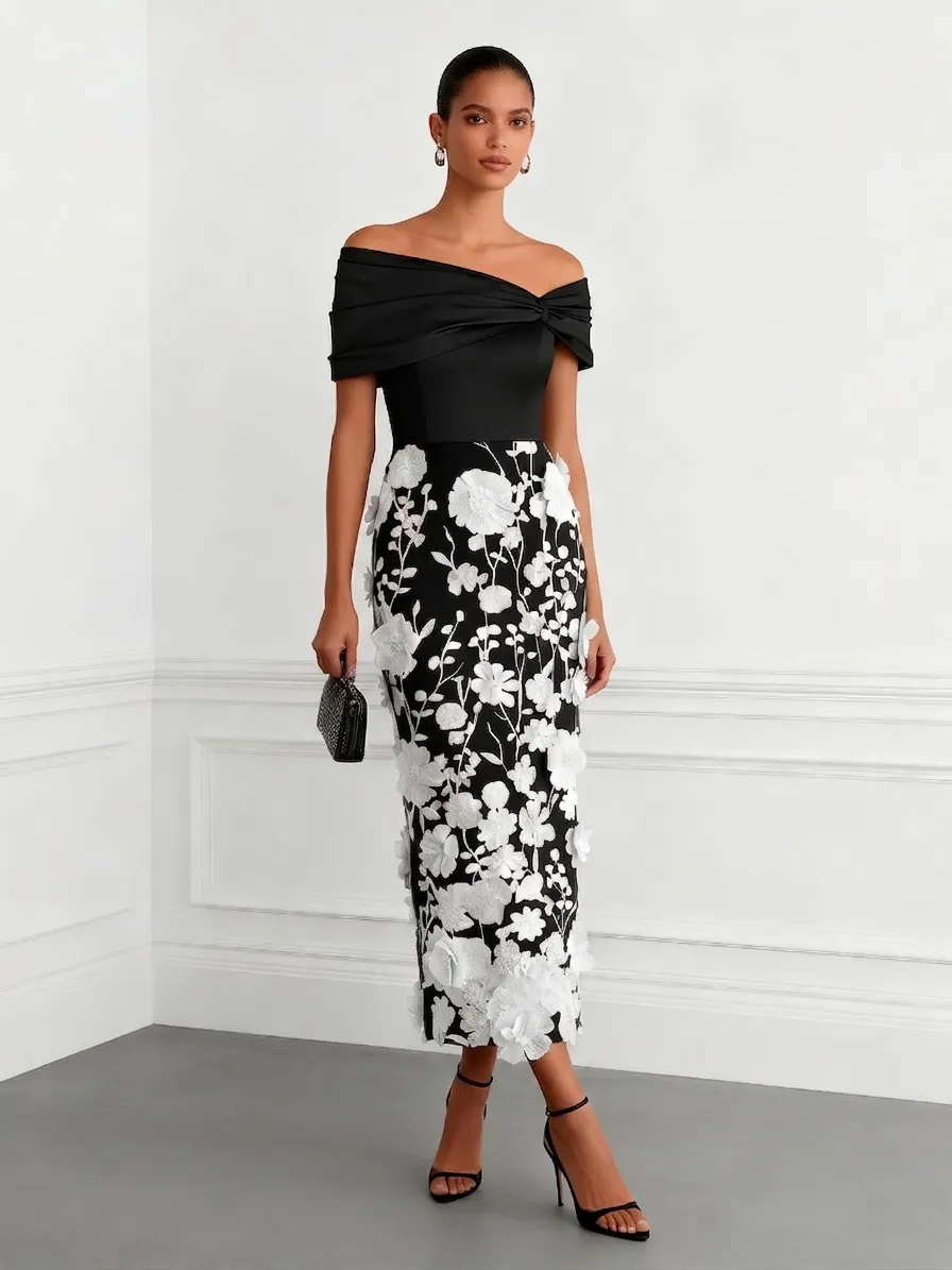 Black-white 3D Floral Applique Classic Off The Shoulder Short Sleeve Sheath Midi Dress