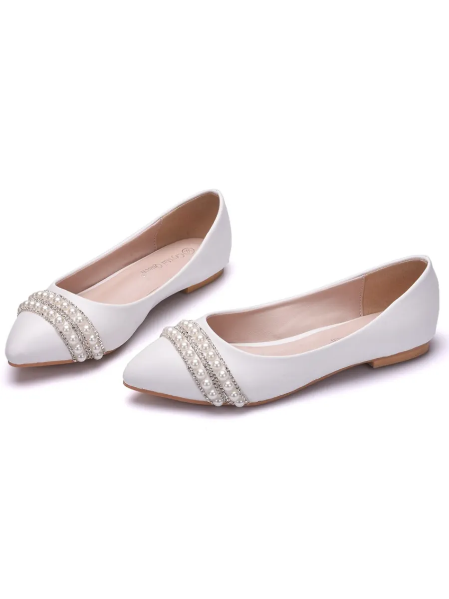 Simple Pu Plain Shallow Comfortable Flat Bridal Shoes Wedding Dress Tassels Pearls Rhinestones Evening Shoes White Women's Shoes
