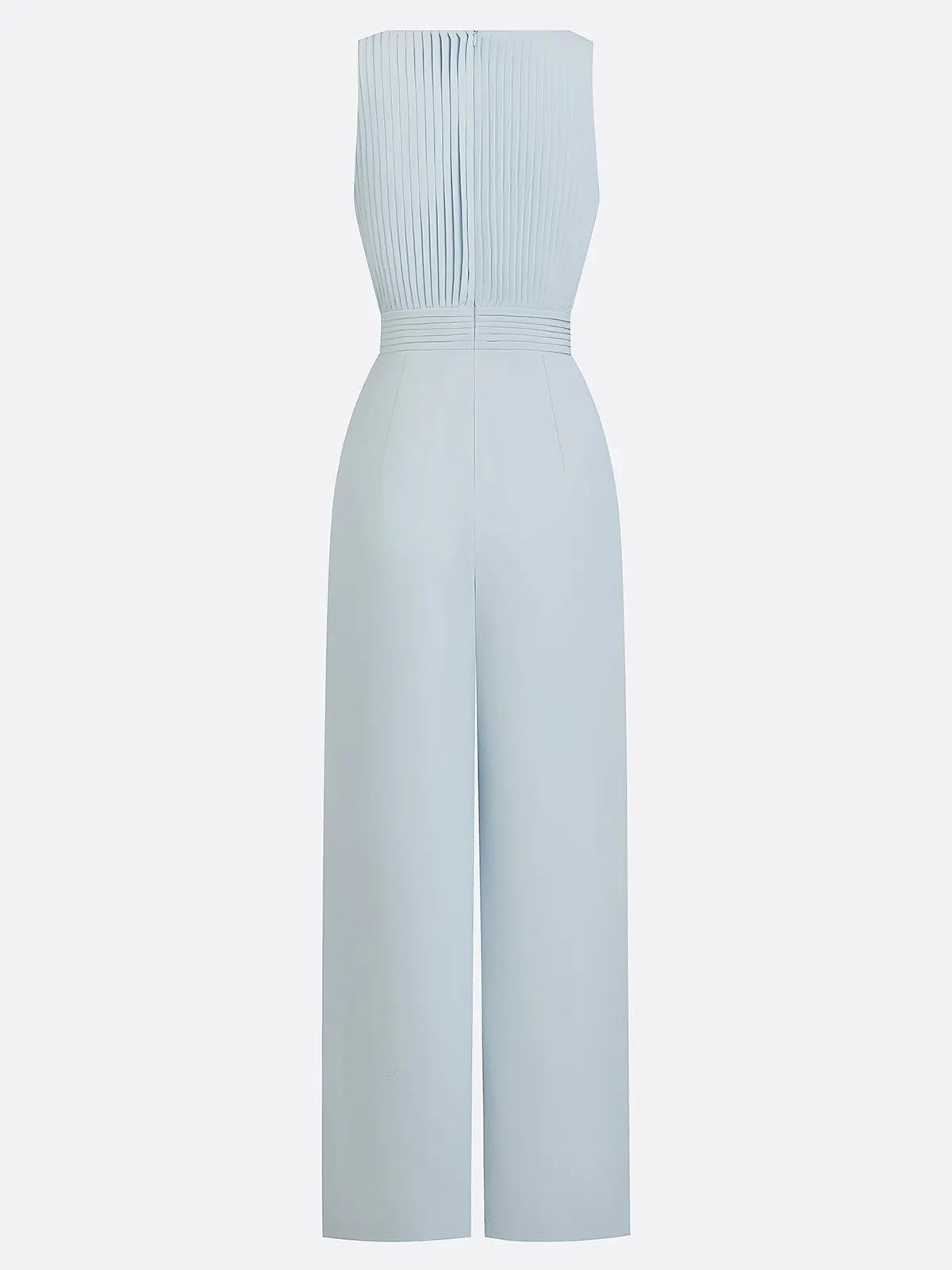 Women Light Blue Pleated Boat Neck Sleeveless Dressy Jumpsuit