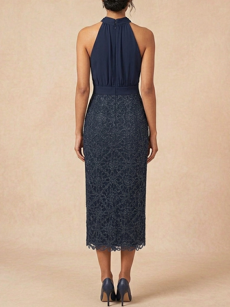 Navy Halter Midi Dress with Lace Skirt | Mother of the Bride & Groom Gown - Purplish Blue