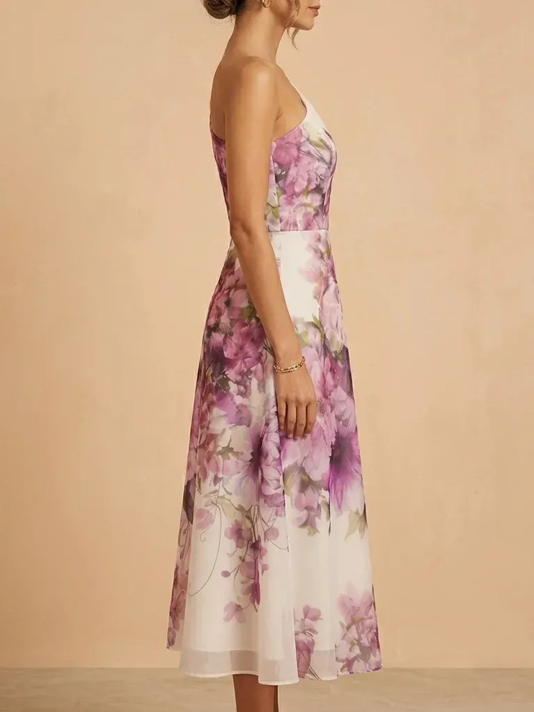 One-Shoulder Floral Midi Mother of the Bride Dress