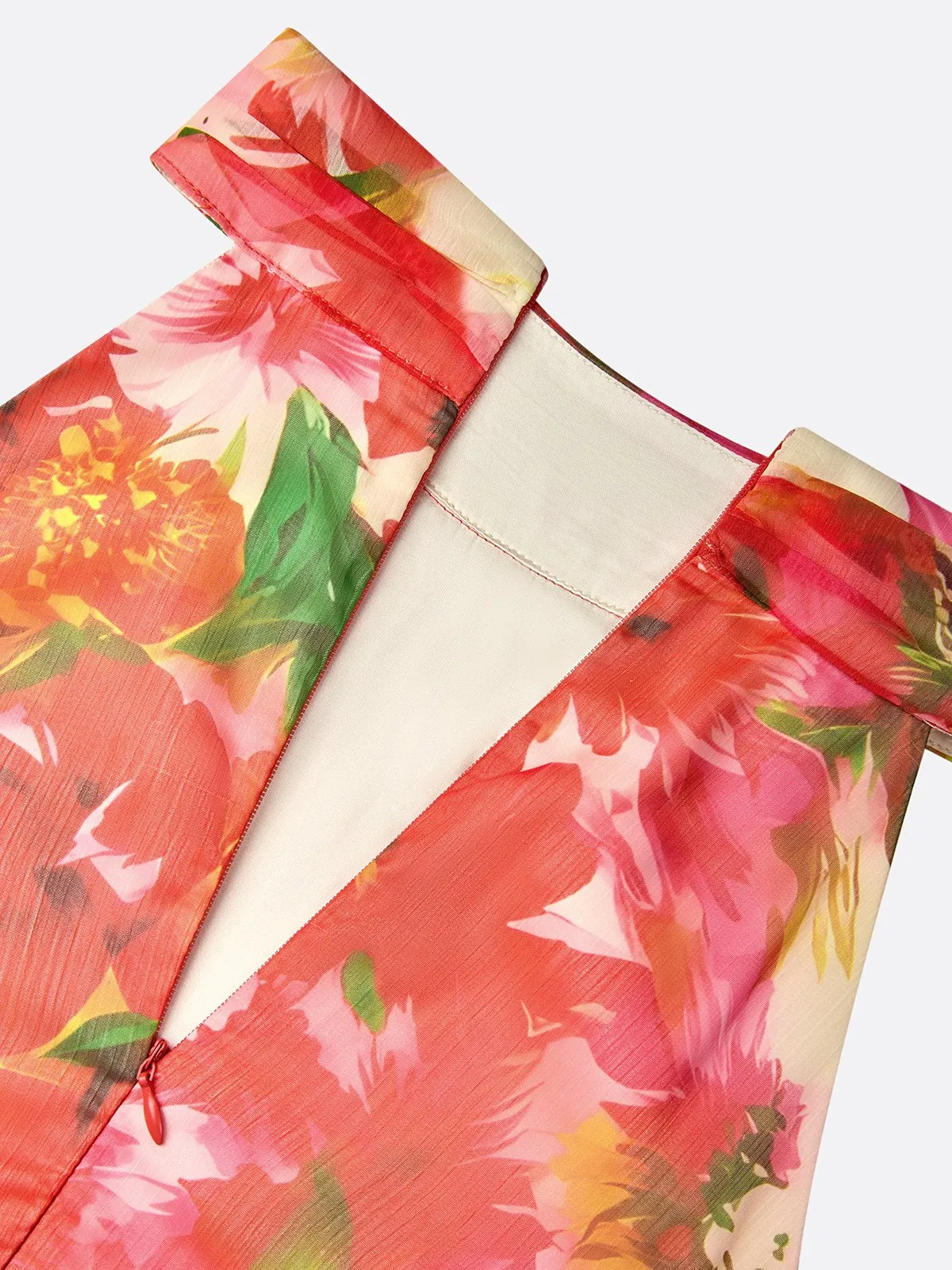 Red Floral Chiffon Halter Sleeveless Maxi Dress