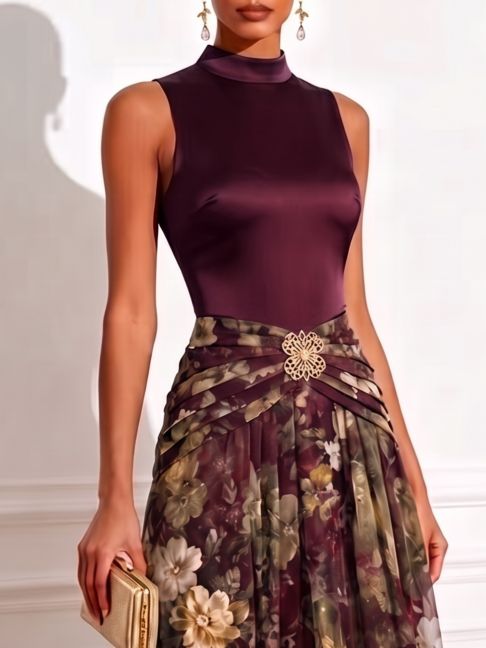 Wine Red Floral Chiffon Mock Neck Sleeveless A-Line Maxi Dress