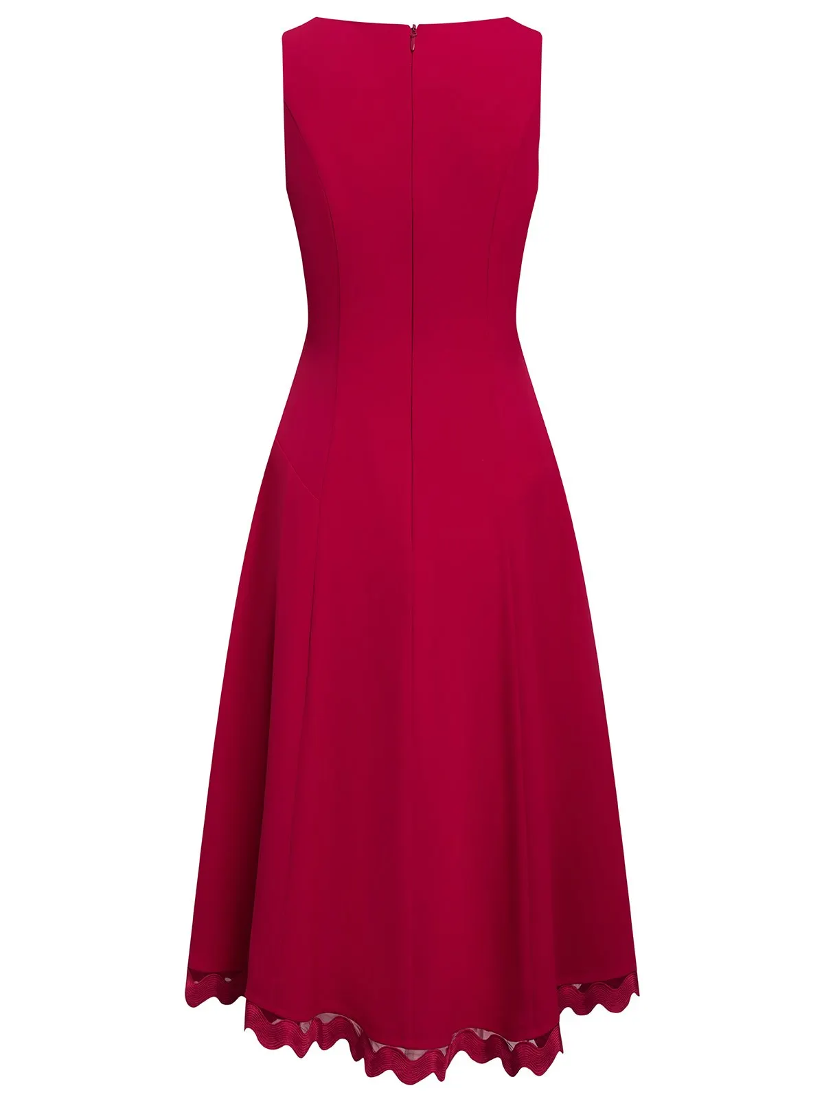 Red Lace Classic Boat Neck Sleeveless A-Line Midi Dress