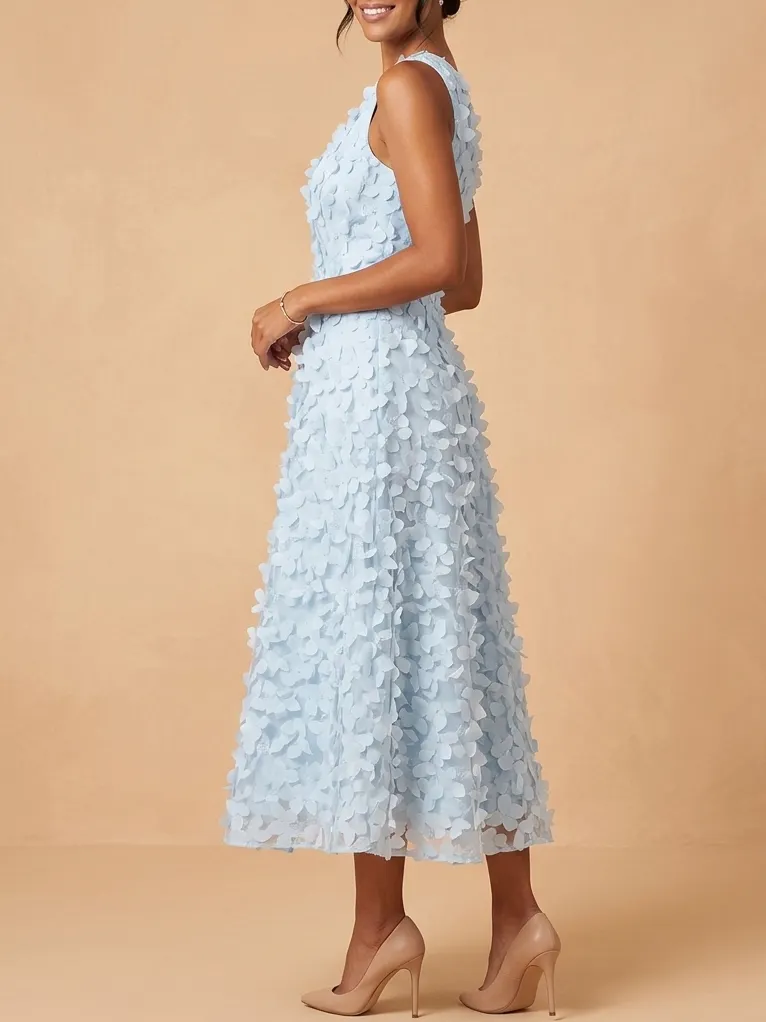 One Shoulder 3D Floral Applique Midi Dress - Elegant Light Blue Mother of the Bride & Groom Gown - Light Blue