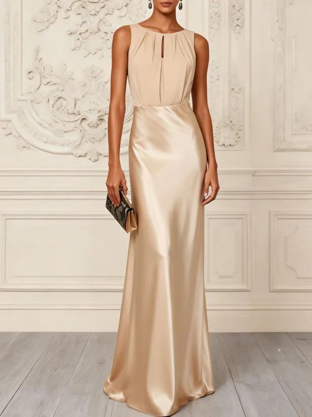 Deep Green Satin Crew Neck Sleeveless Mermaid Gown Dress