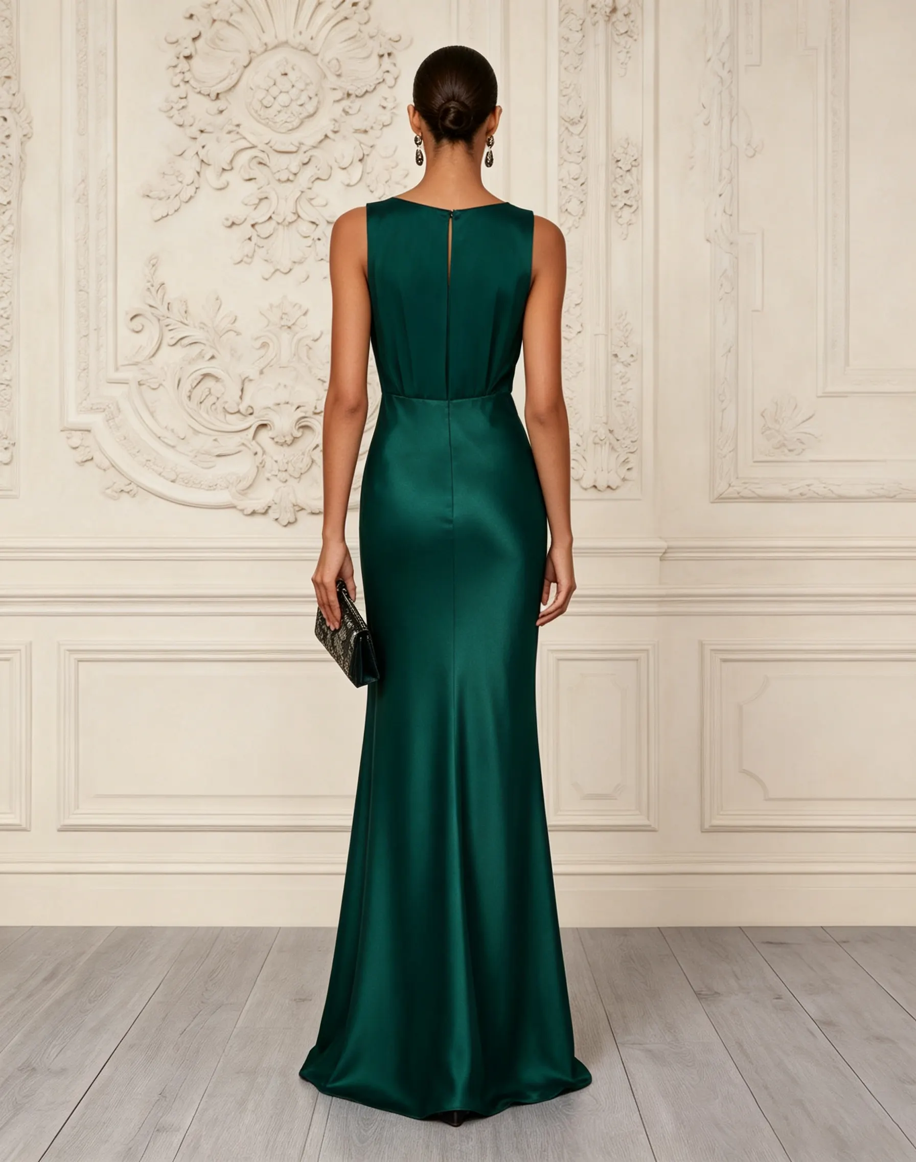 Deep Green Satin Crew Neck Sleeveless Mermaid Gown Dress