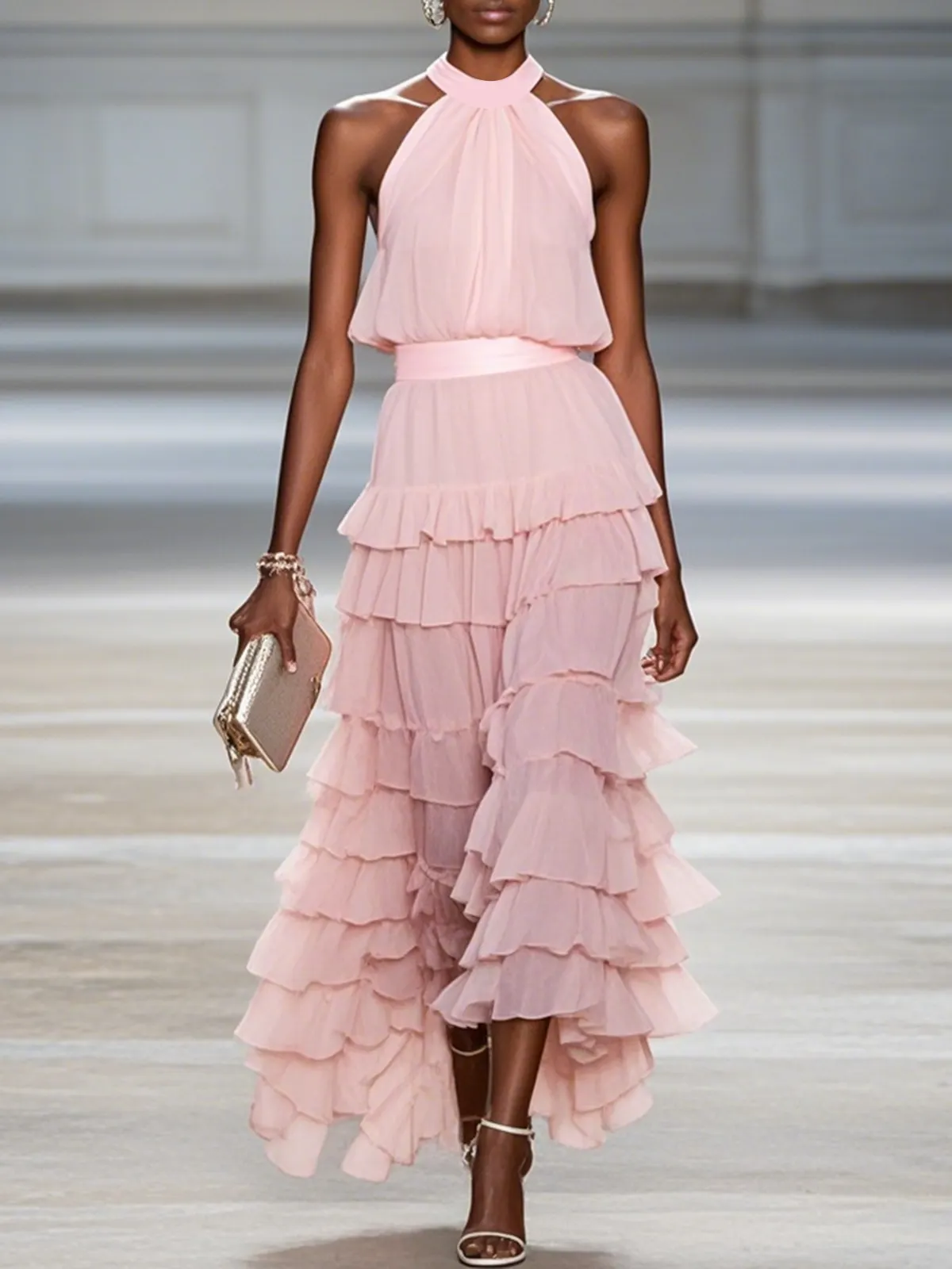 Pink Ruffle Tiered Chiffon Halter Neck Sleeveless A-Line Two-piece Set Top with Skirt - Pink