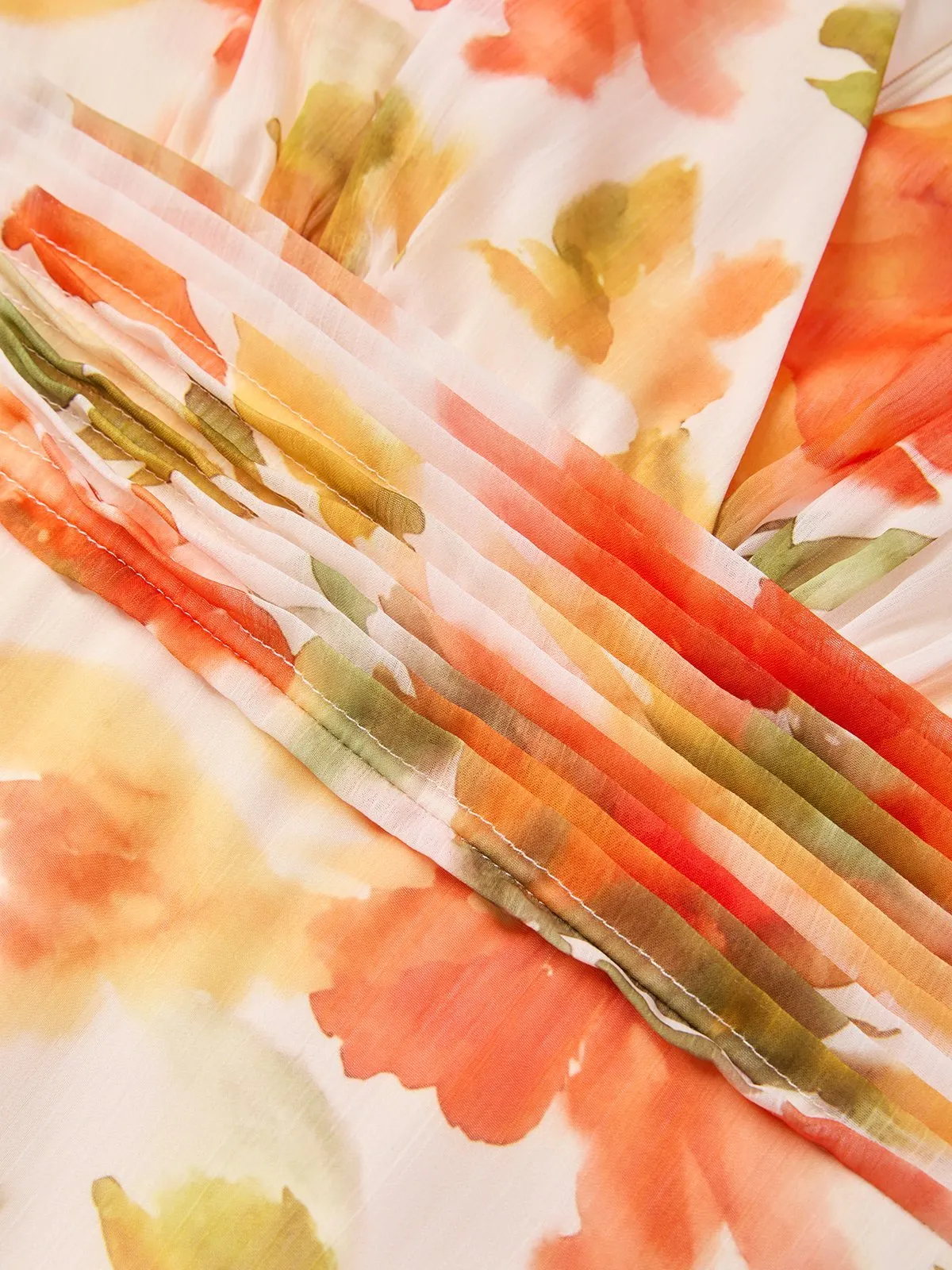 Orange Floral Chiffon V Neck Sleeveless Sheath Midi Dress