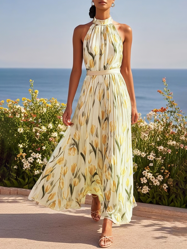 Light Blue Floral Chiffon Halter Sleeveless A-Line Maxi Dress