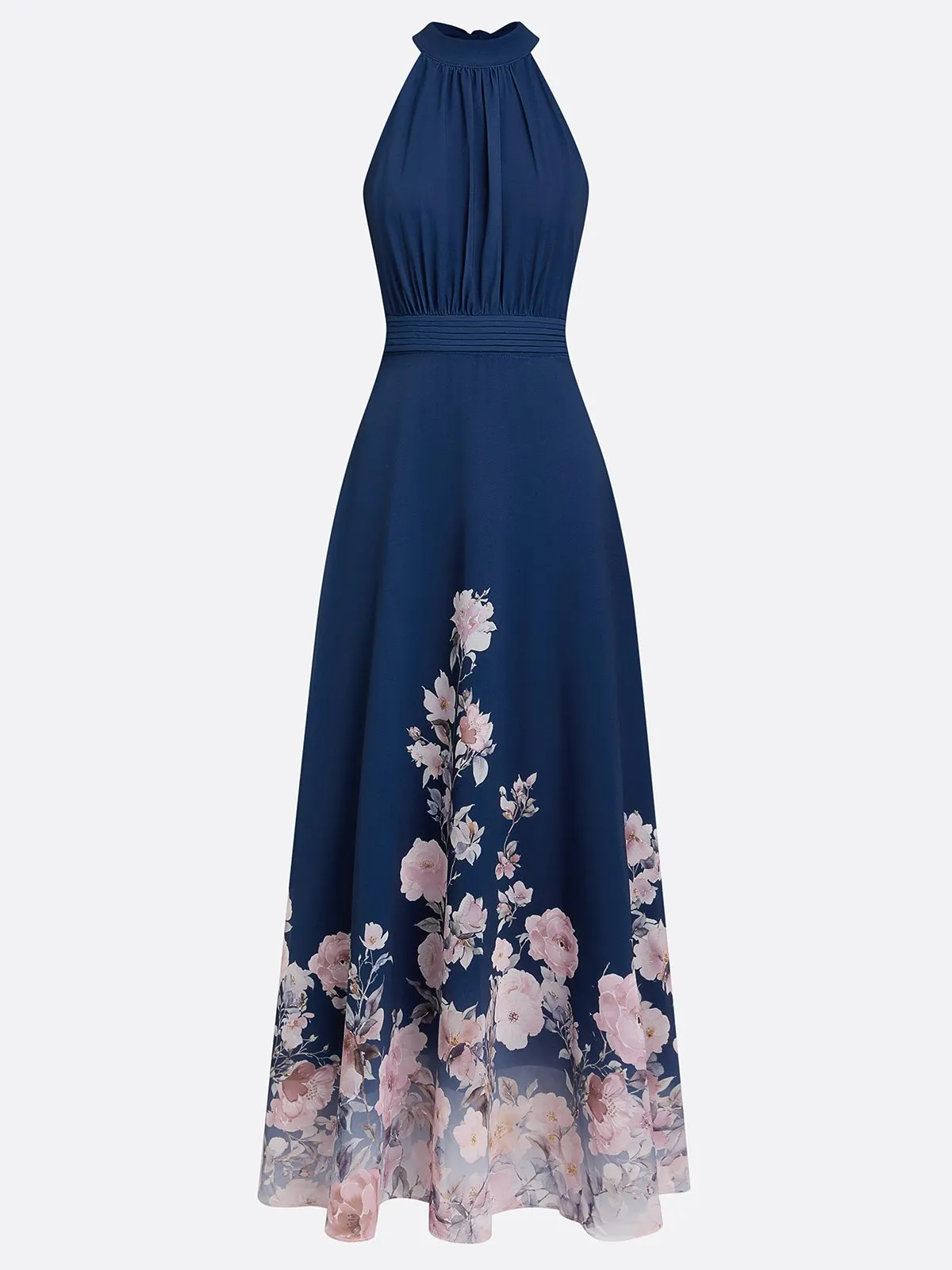 Navy Blue Floral Chiffon Halter Neck Sleeveless A-Line Maxi Dress