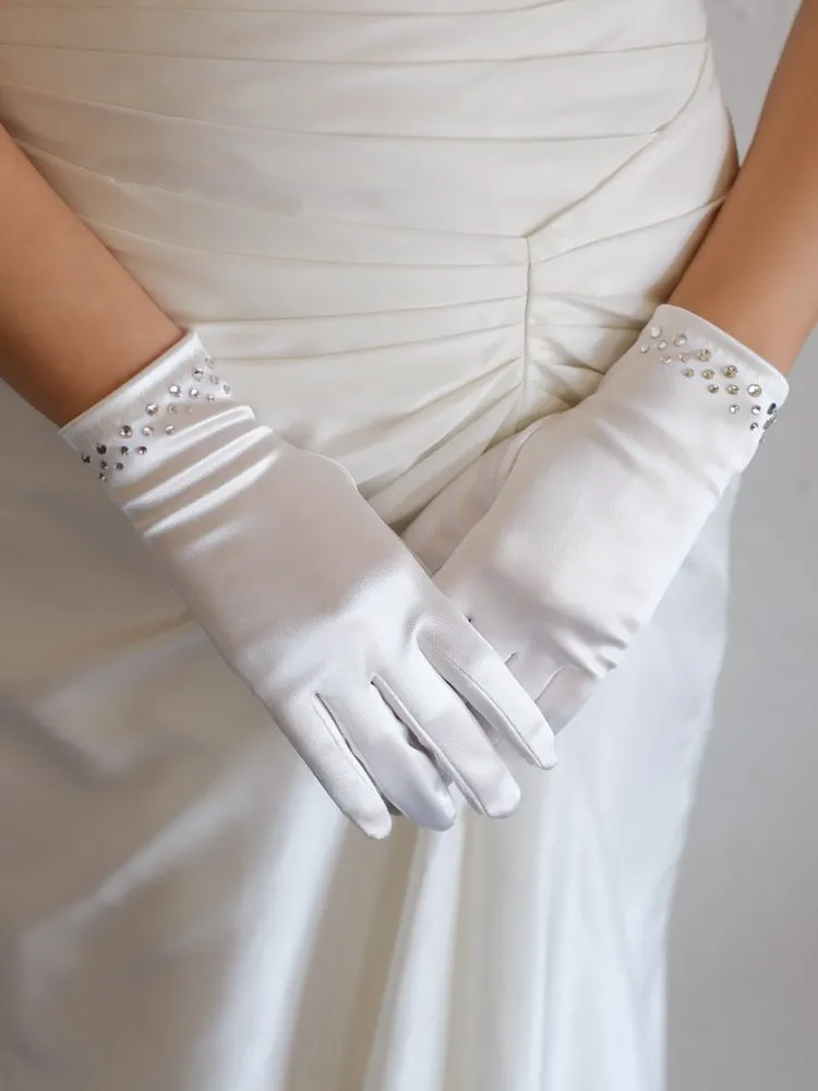 Retro-style Short Minimalist Rhinestone Satin Elegant Bridal Banquet/wedding Gloves - White