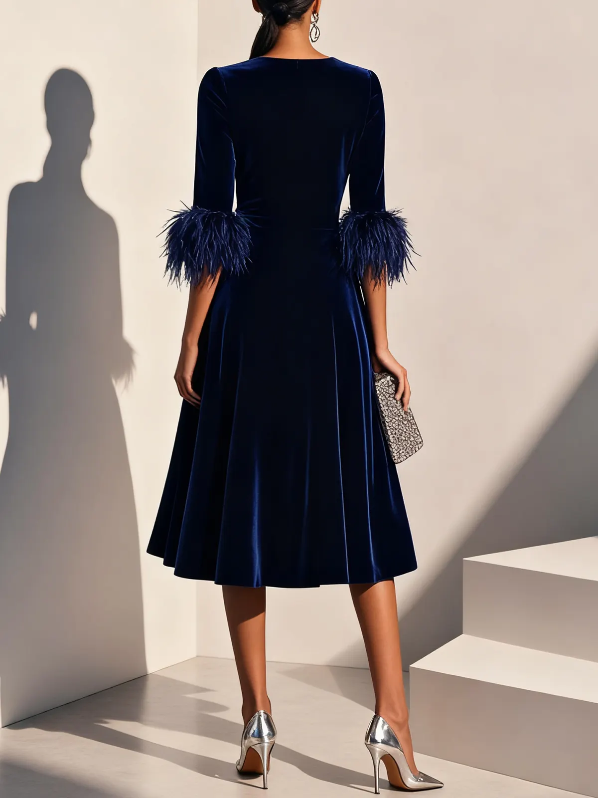 Purplish blue Feather-trimmed Velvet Crew Neck Half Sleeve A-Line Midi Dress