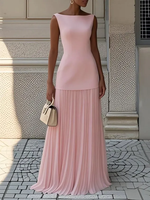 Light Yellow Pleated Classic Boat Neck Sleeveless A-Line Floor-length Gown Dress