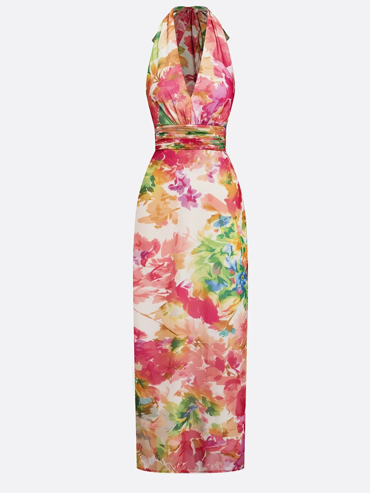 Rose Red Floral Bow Chiffon V Neck Sleeveless Sheath Floor-length Gown Dress