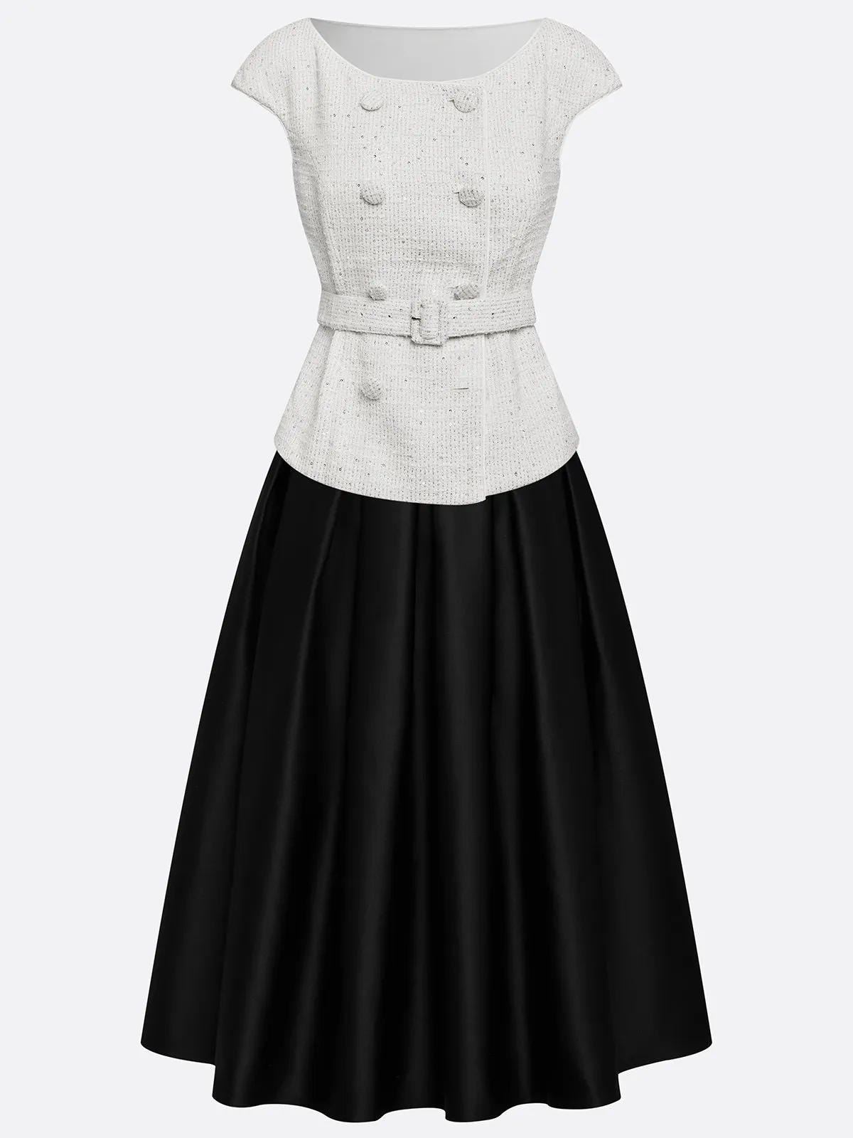 Women Black-white Glitter Tweed Crew Neck Long Sleeve Elegant Coat With Skirt Two-Piece Set