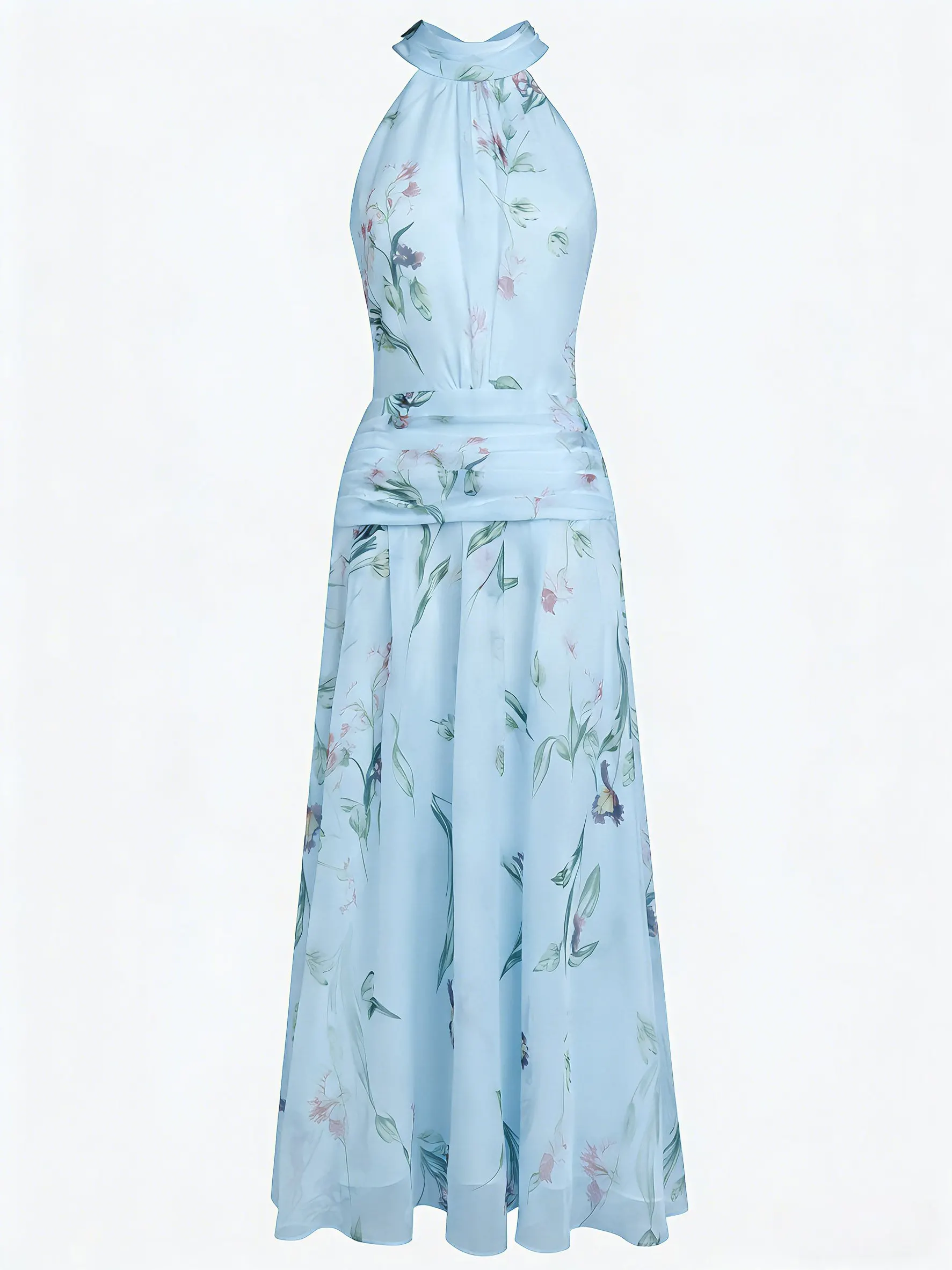 Light Blue Ruched Floral Chiffon Halter Neck Sleeveless A-Line Floor-length Gown Dress