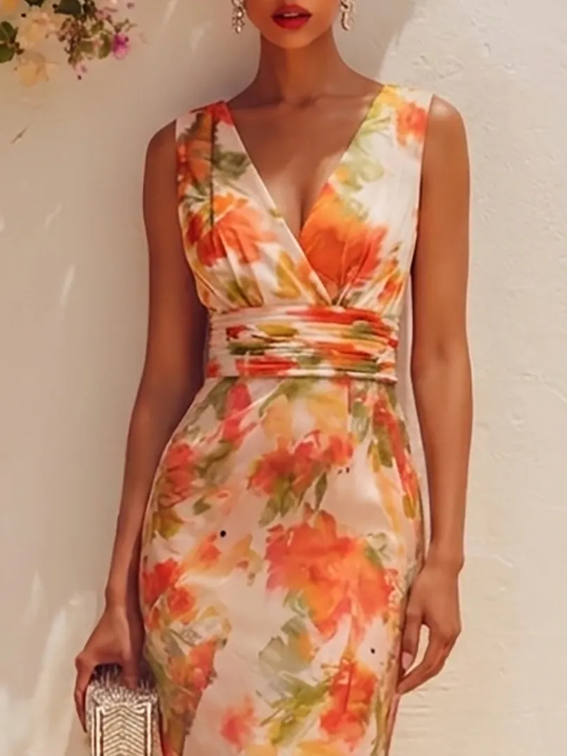 Orange Floral Chiffon V Neck Sleeveless Sheath Midi Dress