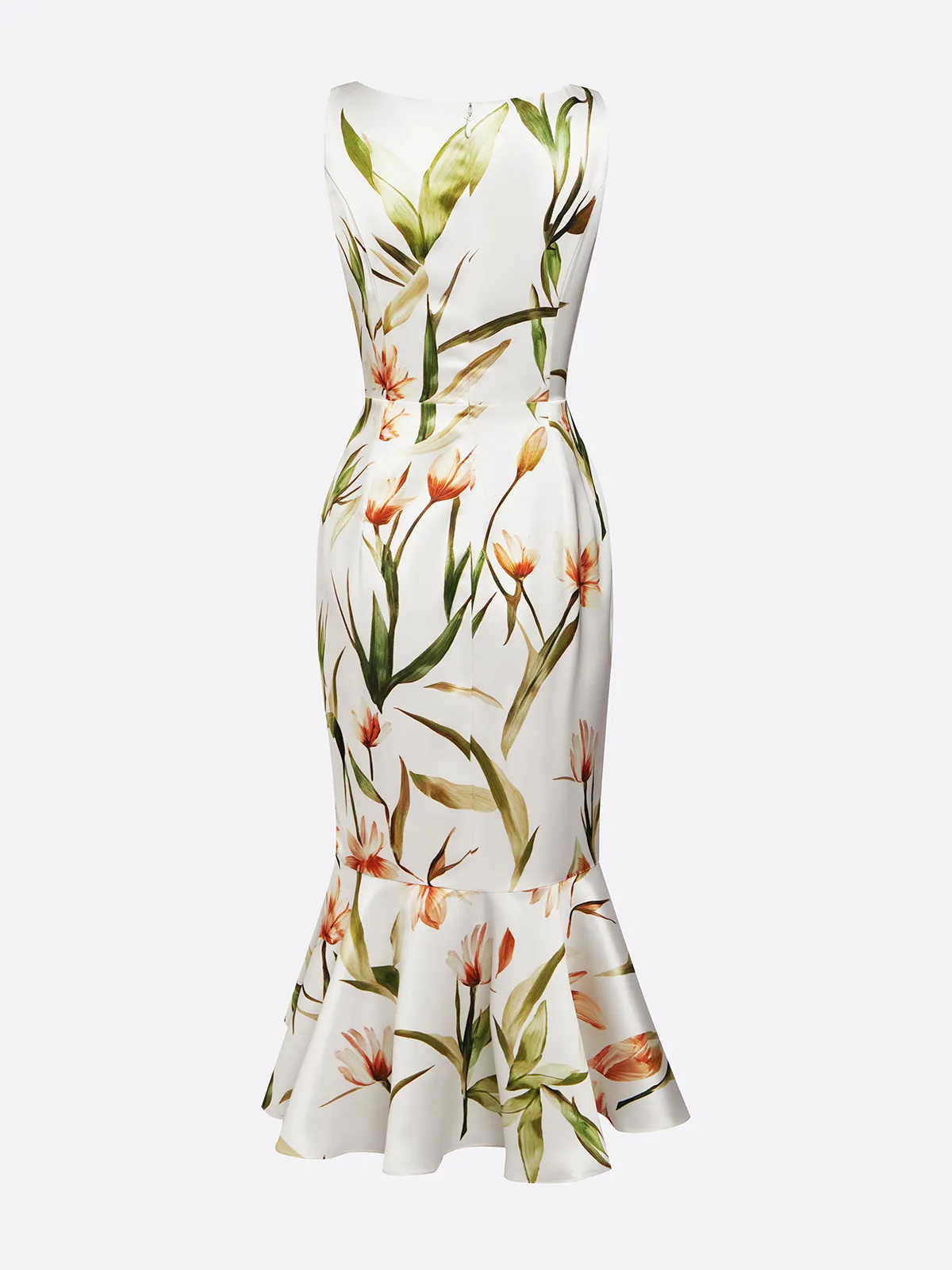 Off White V Neck Floral Mermaid Midi Satin Dress