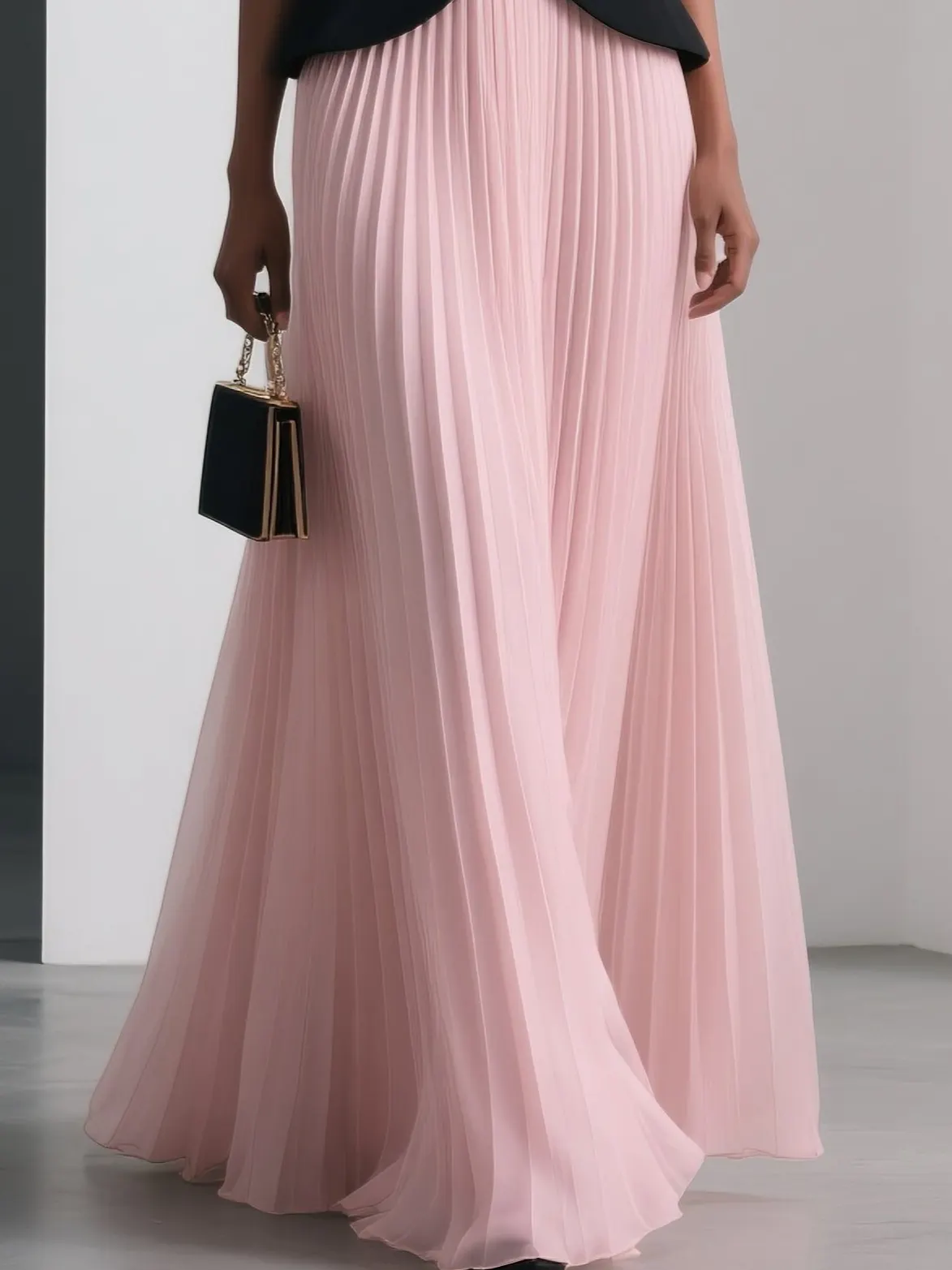 Women Pink Pleated Strapless Sleeveless Dressy Top With Skirt Two-Piece Set