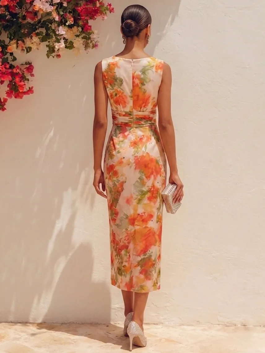 Orange Floral Chiffon V Neck Sleeveless Sheath Midi Dress