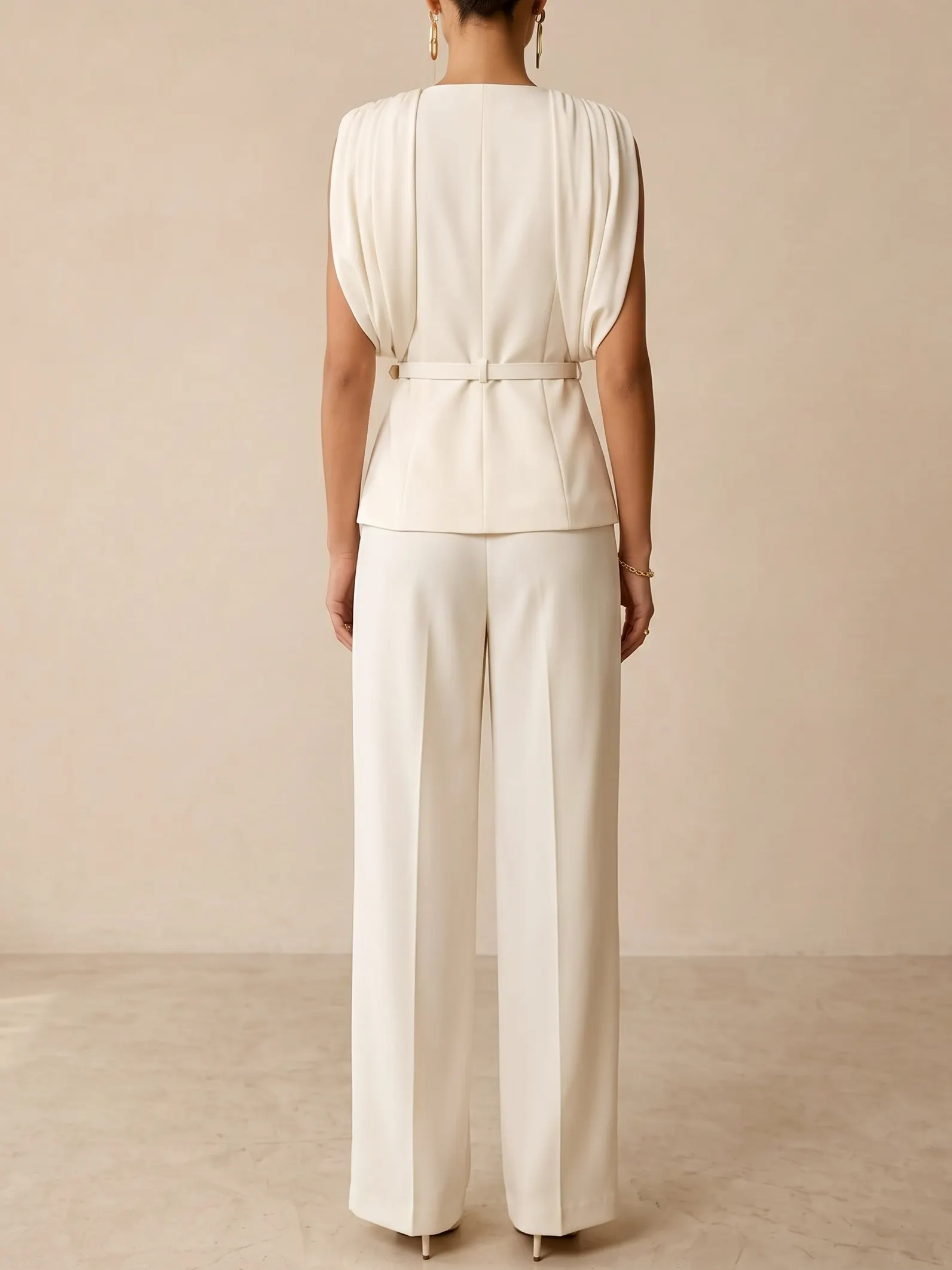 Women White V Neck Sleeveless Elegant Coat With Pants Two-Piece Set - White