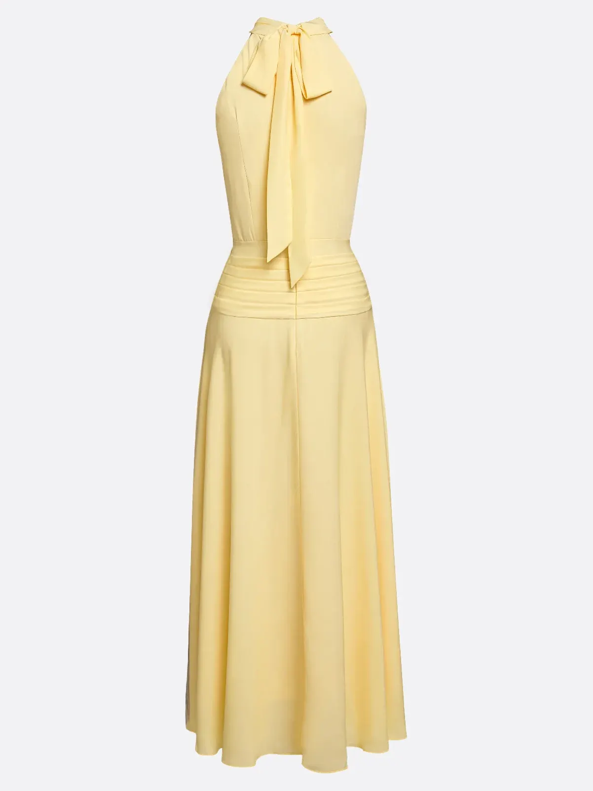Yellow Ruched Chiffon Halter Neck Sleeveless A-Line  Gown Dress