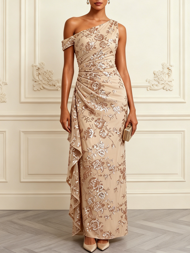 Champagne Ruffled Sequin Asymmetrical Collar Short Sleeve Mermaid Gown Dress
