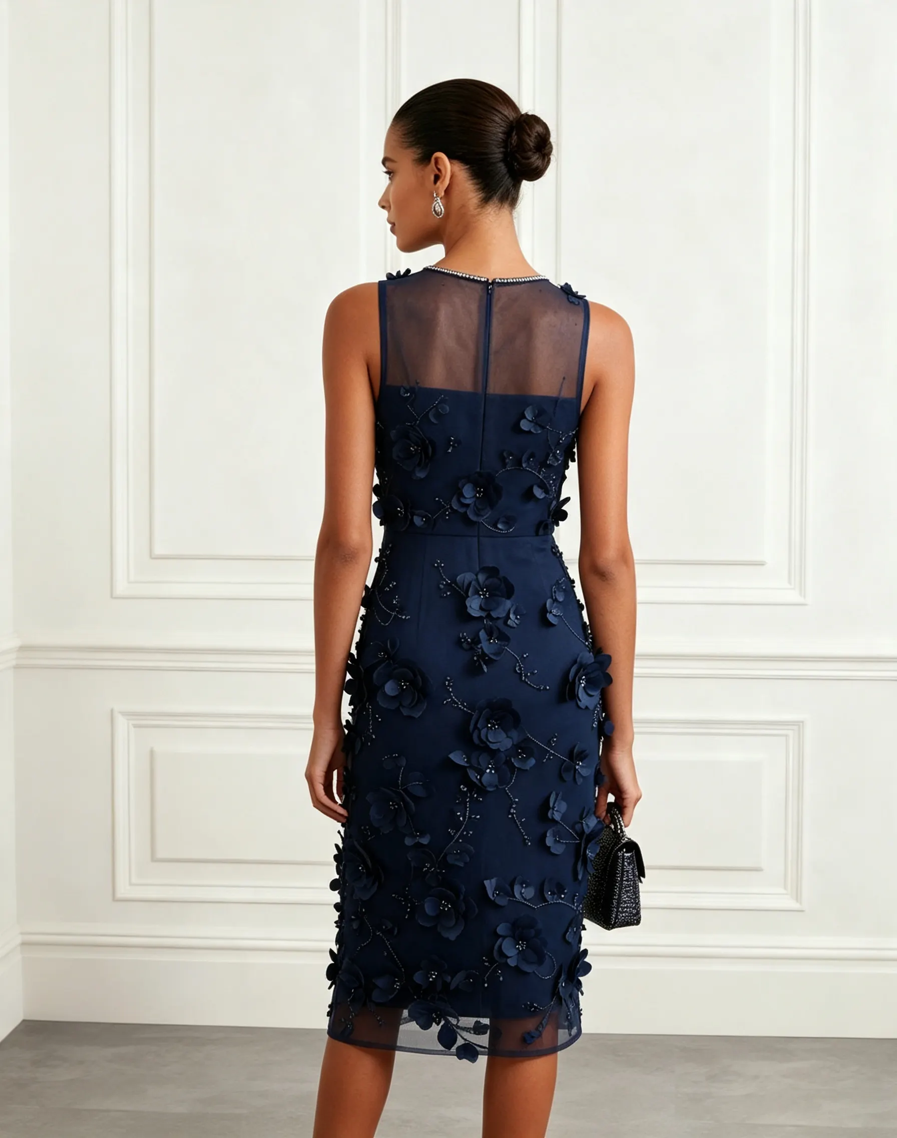 Navy Blue 3D Floral Appliqué Rhinestone Classic Boat Neck Sleeveless Sheath Midi Dress