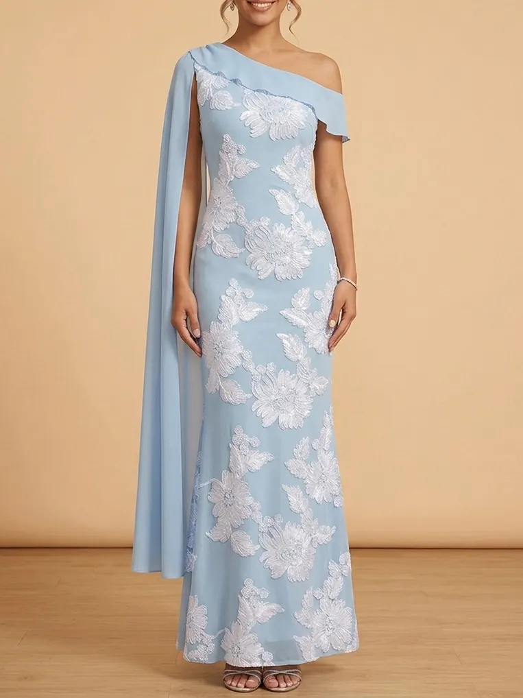 Light Blue One-Shoulder Cape Maxi Dress - Jacquard Mother of the Bride Gown