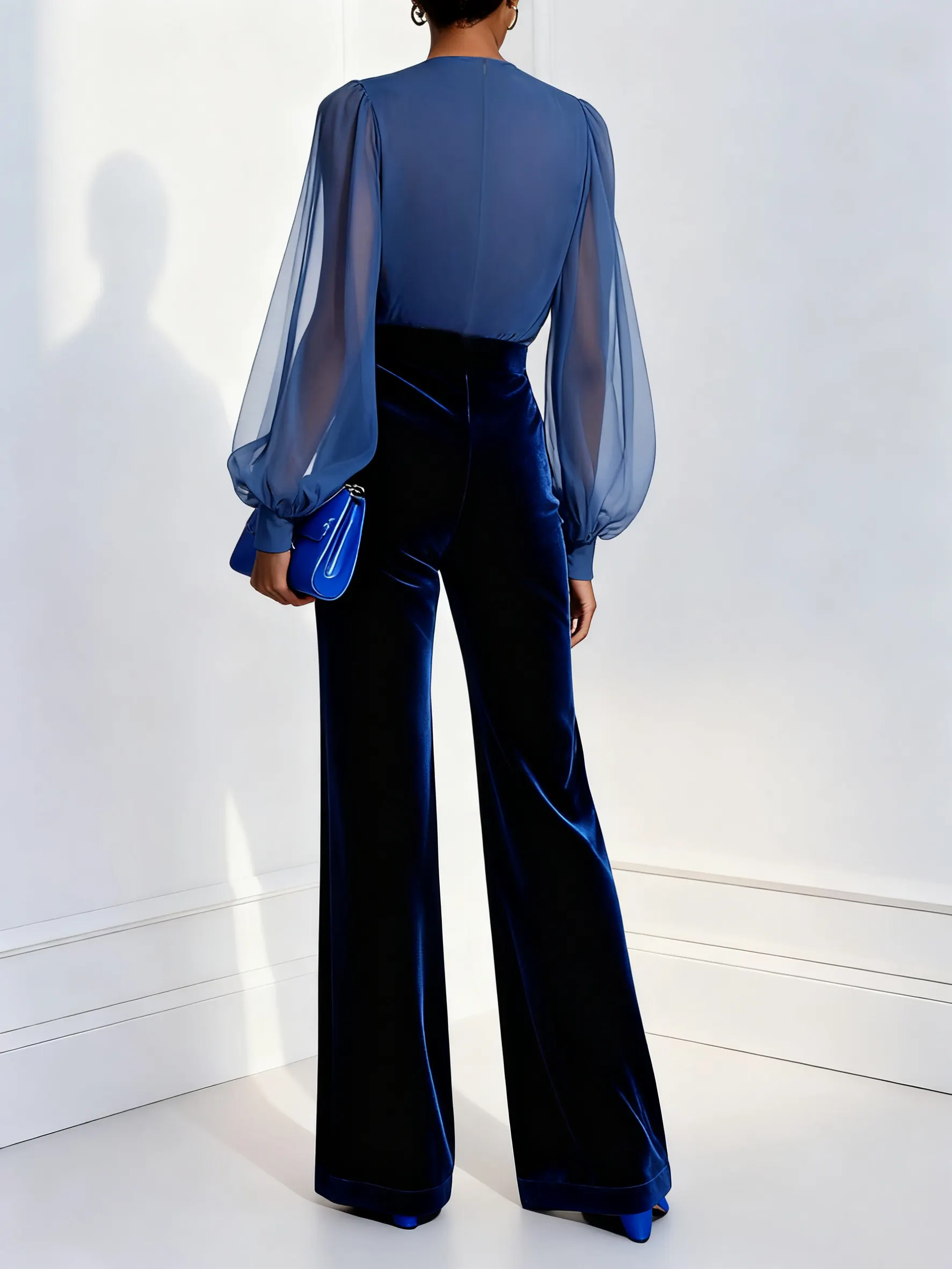 Women  Royal Blue Mesh  V Neck Long Sleeve Velvet Jumpsuit