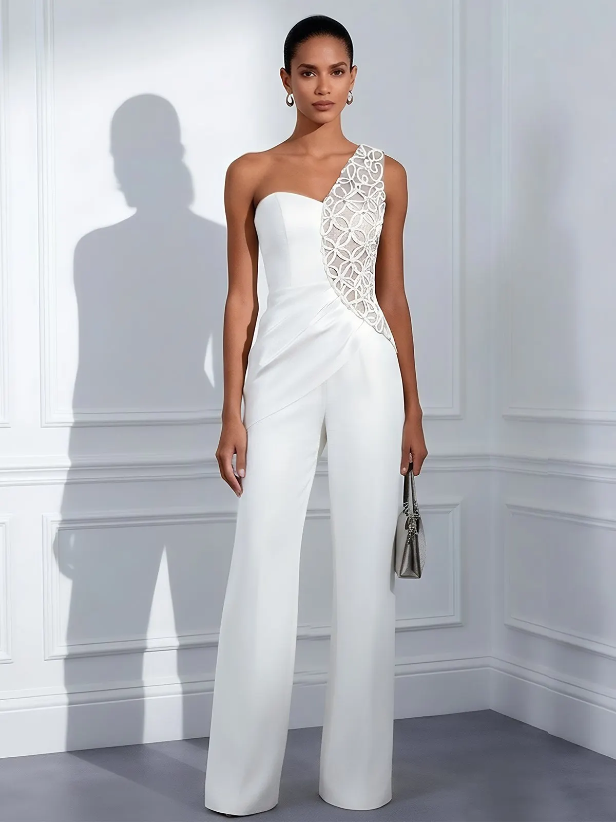 Women White Lace One Shoulder Sleeveless Elegant Jumpsuit