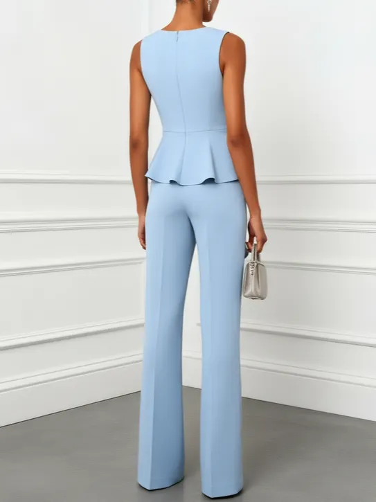 Women Light Blue Ruffled Asymmetrical Sleeveless Dressy Jumpsuit