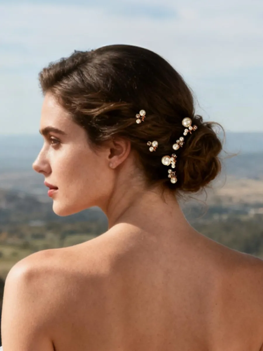 Simple Pearl And Rhinestone Hairpins For Brides Perfect For Wedding Banquets Braided Hair Accessories And U-shaped Hair Forks - White