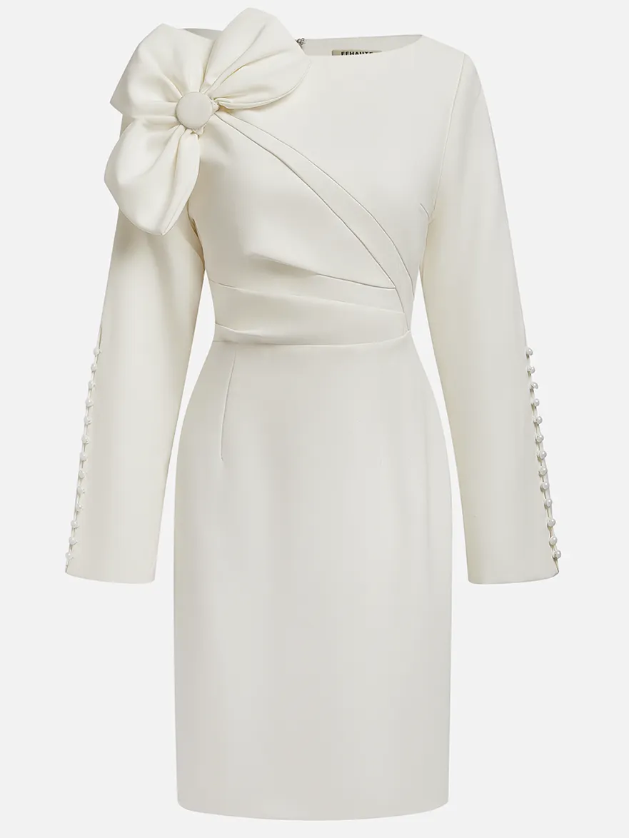 Cream White Bow Long Sleeve Sheath Midi Dress
