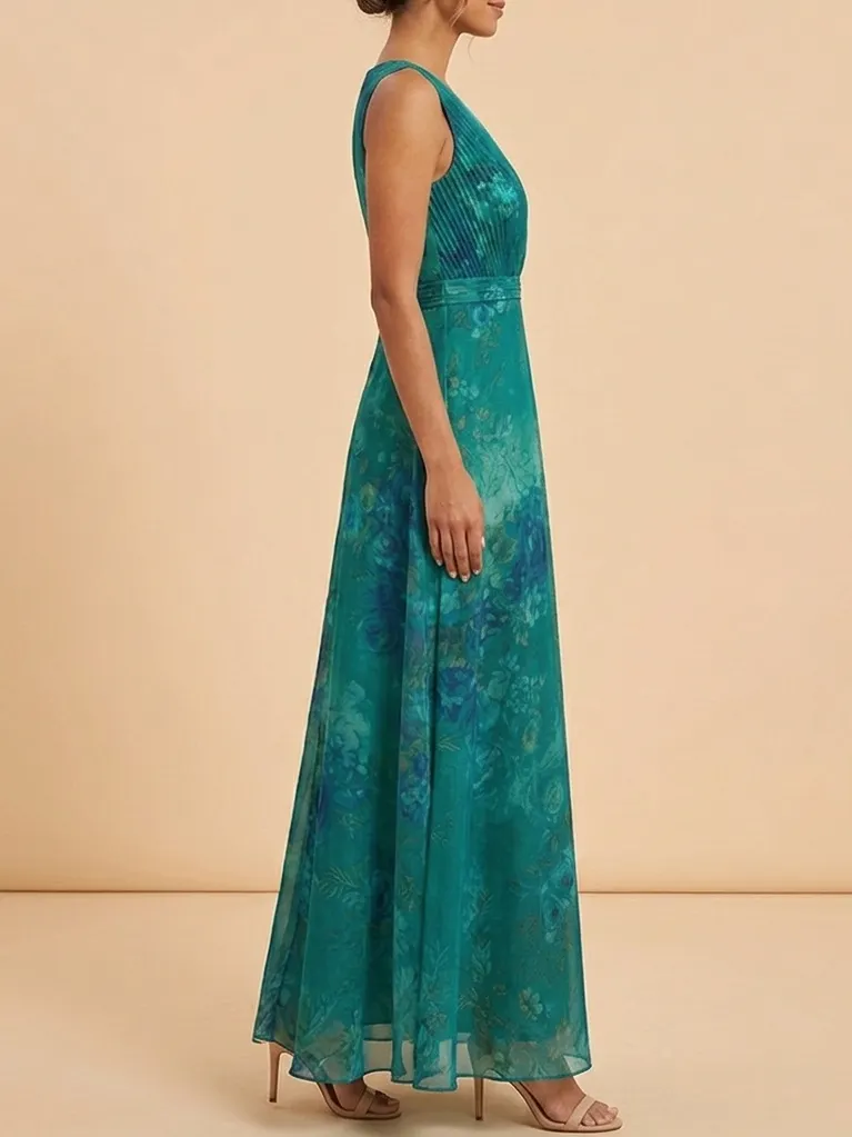 Elegant V-Neck Floral Maxi Dress - Chiffon Mother of the Bride Gown with Pleated Bodice