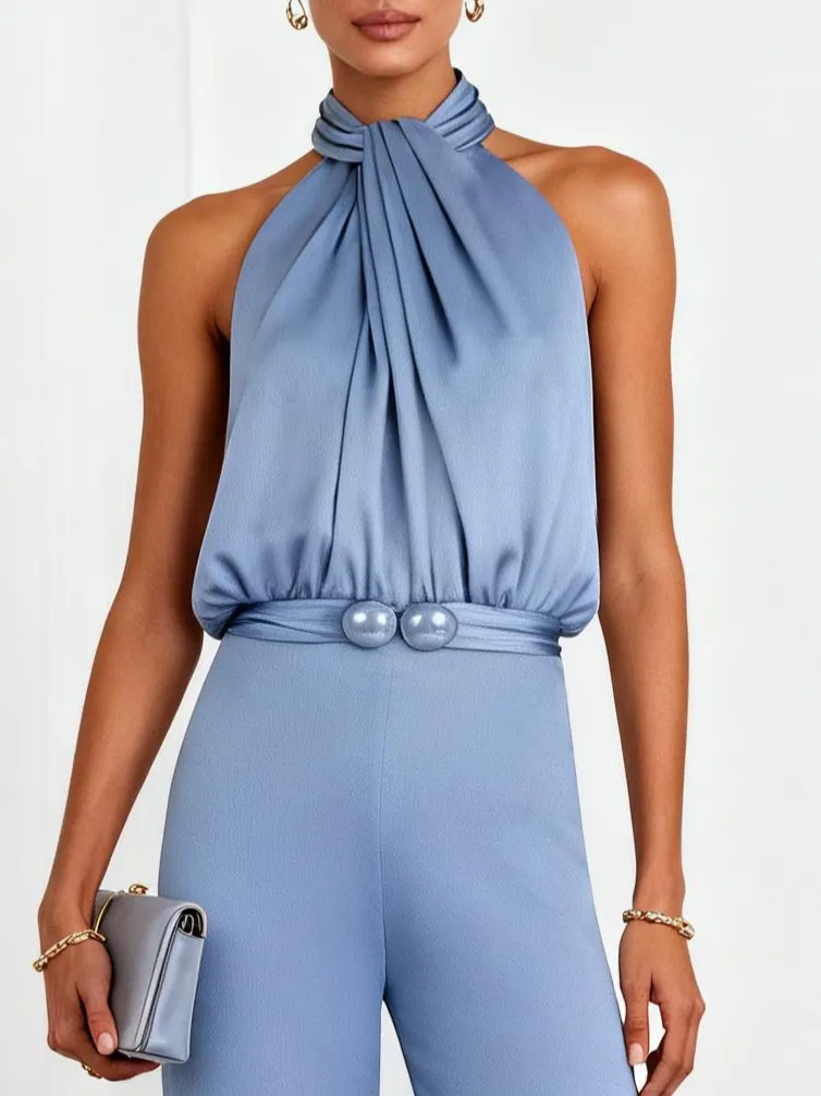 Women Blue Mock Neck Sleeveless Dressy Jumpsuit