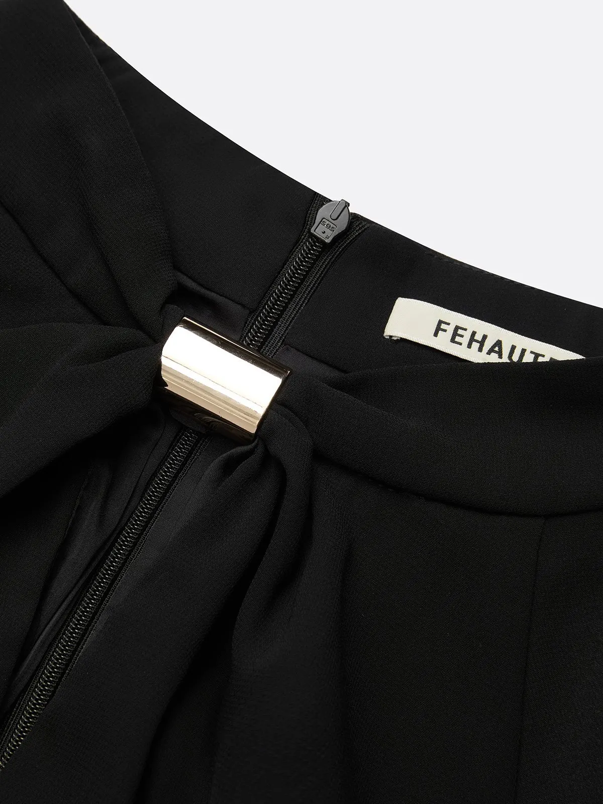 Women Black Metal Buckle Mock Neck Long Sleeve Balloon Sleeve Dressy Jumpsuit