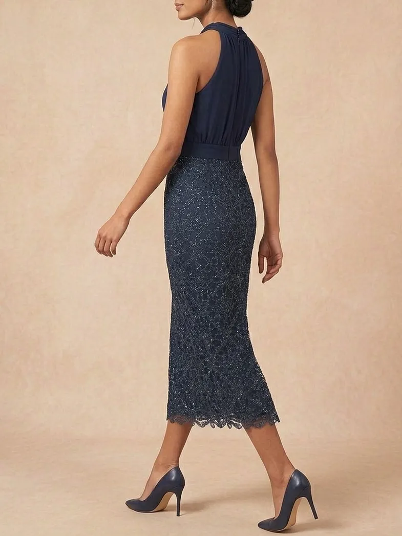 Navy Halter Midi Dress with Lace Skirt | Mother of the Bride & Groom Gown