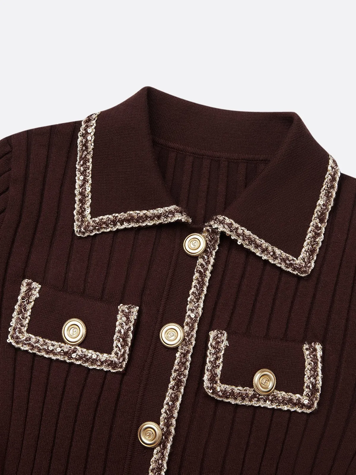 Red Brown Piping Buckle Sweater Lapel Collar Long Sleeve A-Line Midi Dress