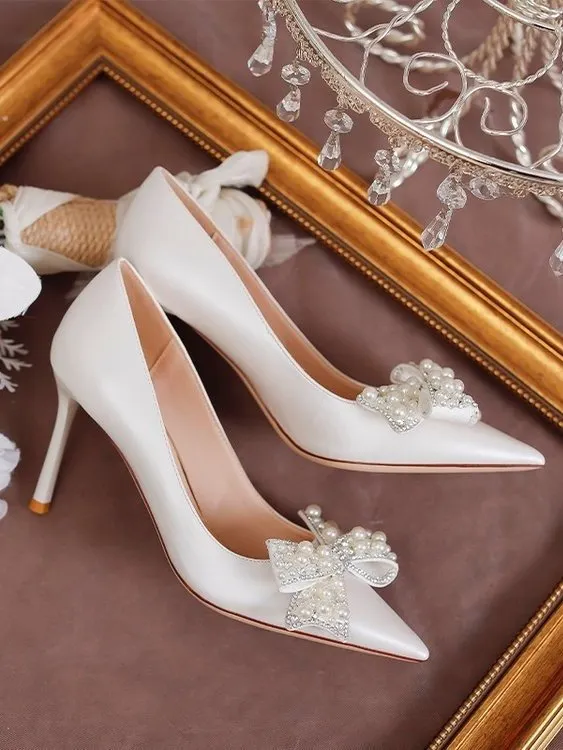 Elegant Spring New Arrival Stiletto Heels With Pointed Toes Rhinestone Pearl Bows (6-8cm) Wedding Shoes