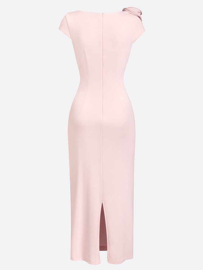 Pink 3D Floral Ruched Knit Asymmetrical Short Sleeve Bodycon Midi Dress