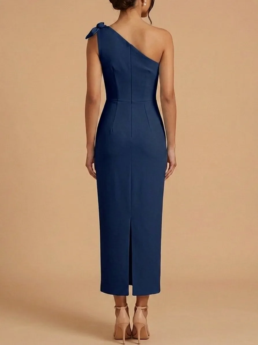 Navy Blue One-Shoulder Maxi Bridesmaid Dress - Elegant Bow Detail Formal Gown for Wedding Guest - Deep Blue