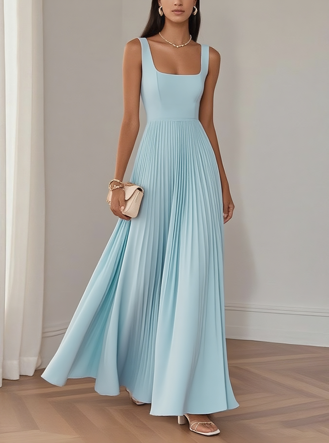 Light Blue Pleated Square Neck Sleeveless A-Line Maxi Dress - Light Blue